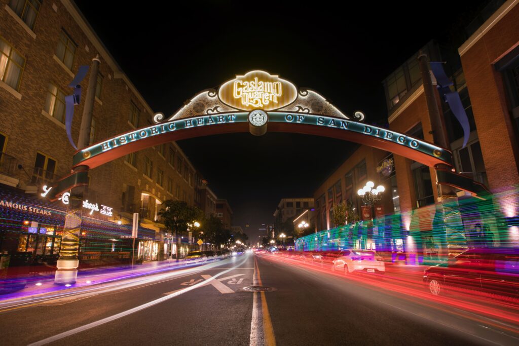 long exposure of gaslamp sign in downtown san diego